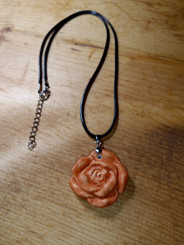 Handmade Ceramic Floral Shaped Pendant | Peach Color Flower Pendant Necklace with Braided Leather Necklace